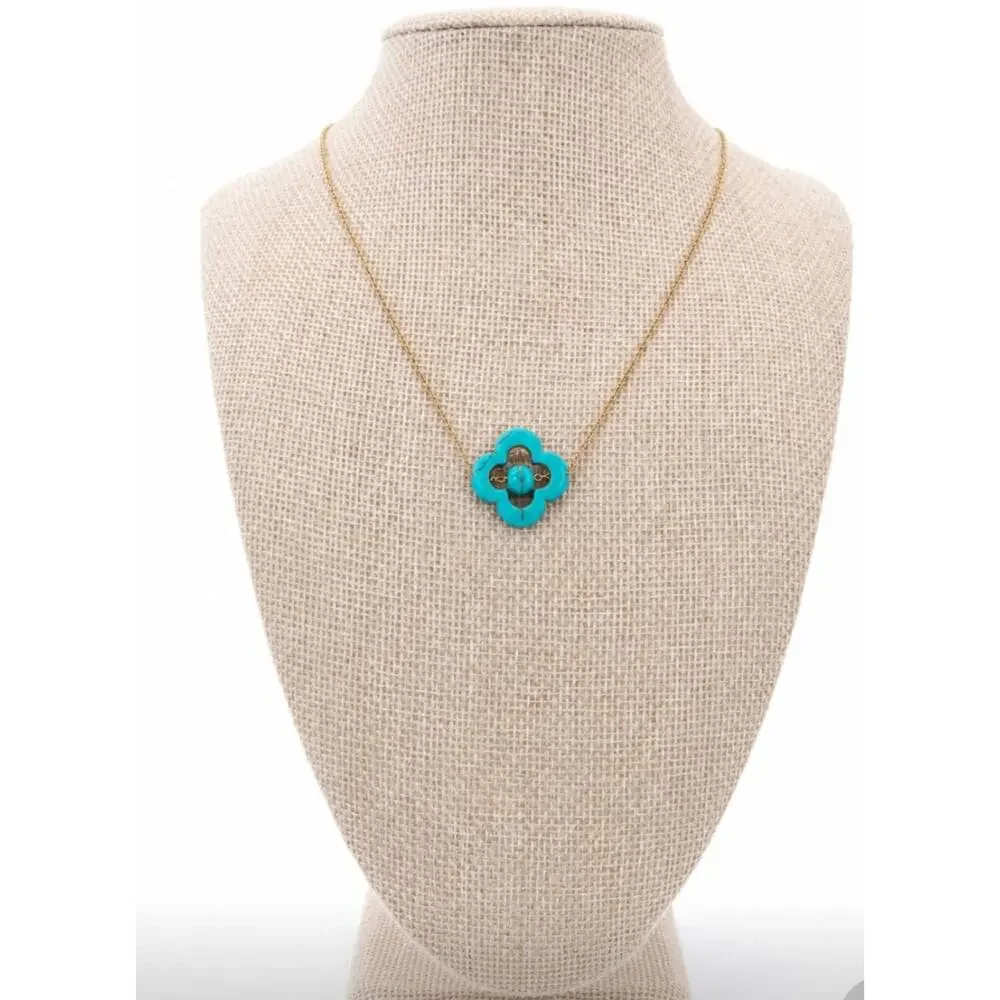 18K Plated Stainless Steel Faux Turrqouise Clover Bead Necklace New